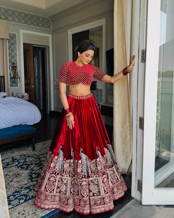 Wedding Wear Maroon Velvet Thread With Sequence Work Lehenga Choli