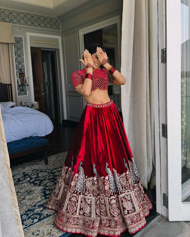 Wedding Wear Maroon Velvet Thread With Sequence Work Lehenga Choli