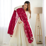 White Soft Vichitra Silk 4 MTR Flir Anarkali With Heavy Look Designer Dupatta