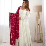 White Soft Vichitra Silk 4 MTR Flir Anarkali With Heavy Look Designer Dupatta