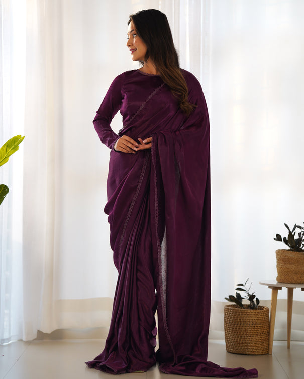 Wine Colour Velvet Lace Work Border Saree With Full Stitch Blouse