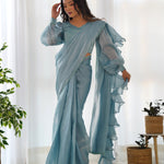 Pre Draped jimmy Choo Orgenza Silk Saree With Full Stitch Blouse