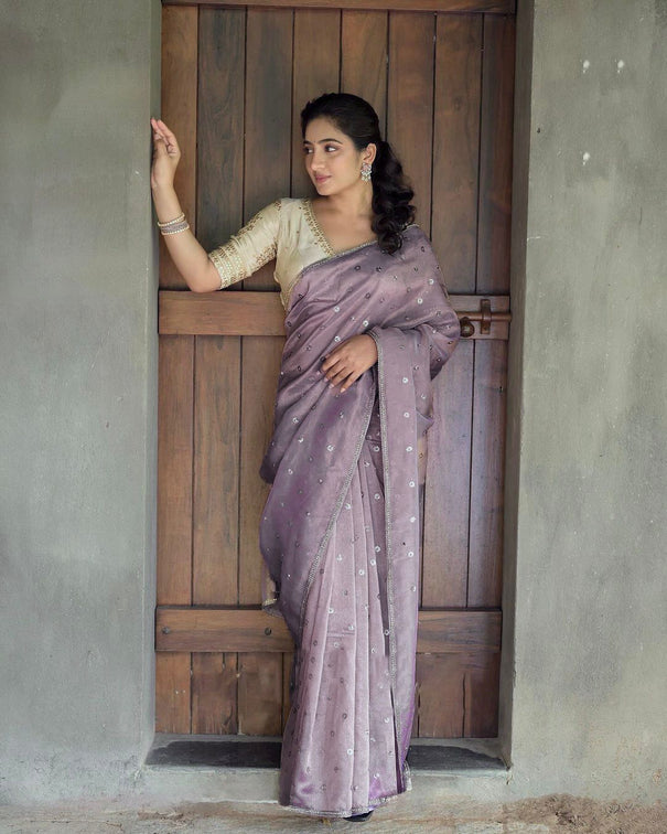 Twill Net Sequence With Fancy Lace Work Saree With Benglori Blouse