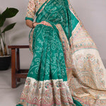 Fusion Print Of Madhubani And Bandhej With Green Silk Saree