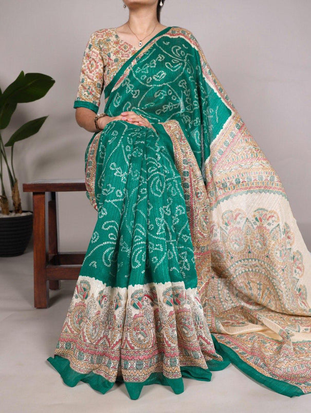 Fusion Print Of Madhubani And Bandhej With Green Silk Saree