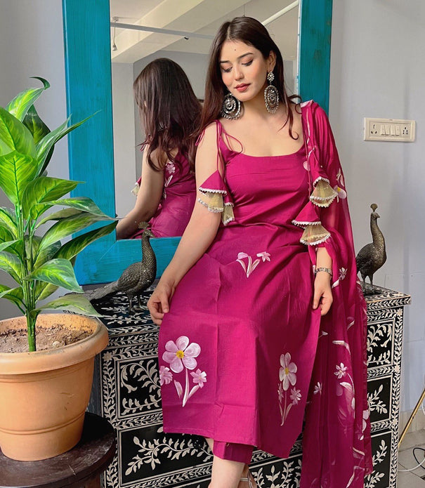 Wine Colour Georgette Floral Hand Printed Work Kurti