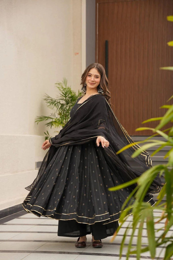 Black Cotton Suit With Fancy Look Sleeces And Lace Work Dupatta