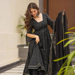 Black Cotton Suit With Fancy Look Sleeces And Lace Work Dupatta