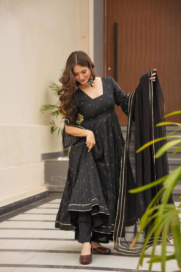 Black Cotton Suit With Fancy Look Sleeces And Lace Work Dupatta