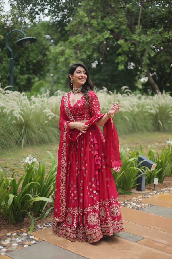 Red Rangoli Silk With Heavy Sequence And Thread Embroidery Work Lehenga Choli