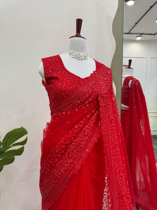 Fashindia Red Soft Net Saree with Thread & Sequin Embroidery Saree