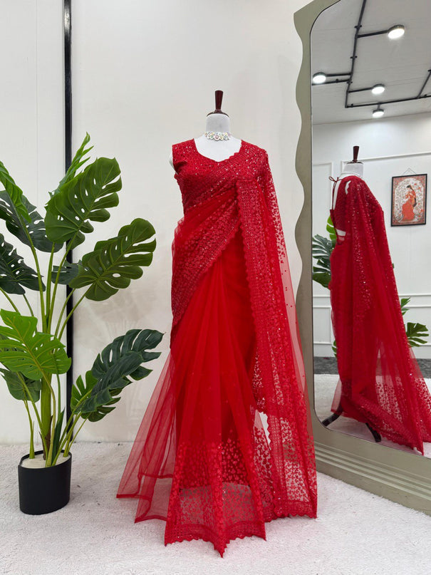 Fashindia Red Soft Net Saree with Thread & Sequin Embroidery Saree