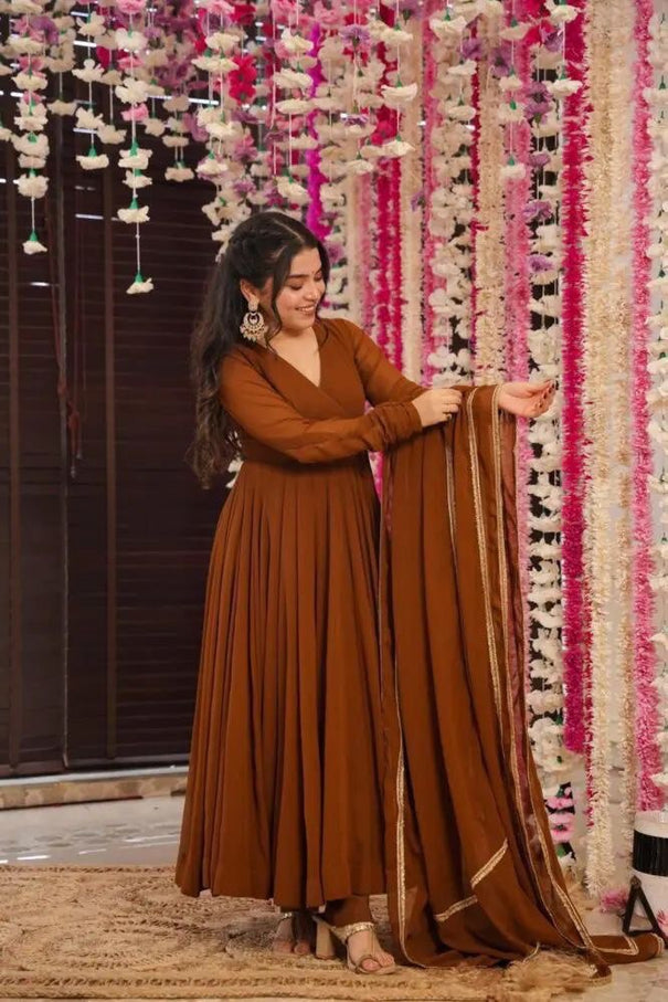 Brown Colour Georgette Fully Flair Anarkali Suit With Dupatta