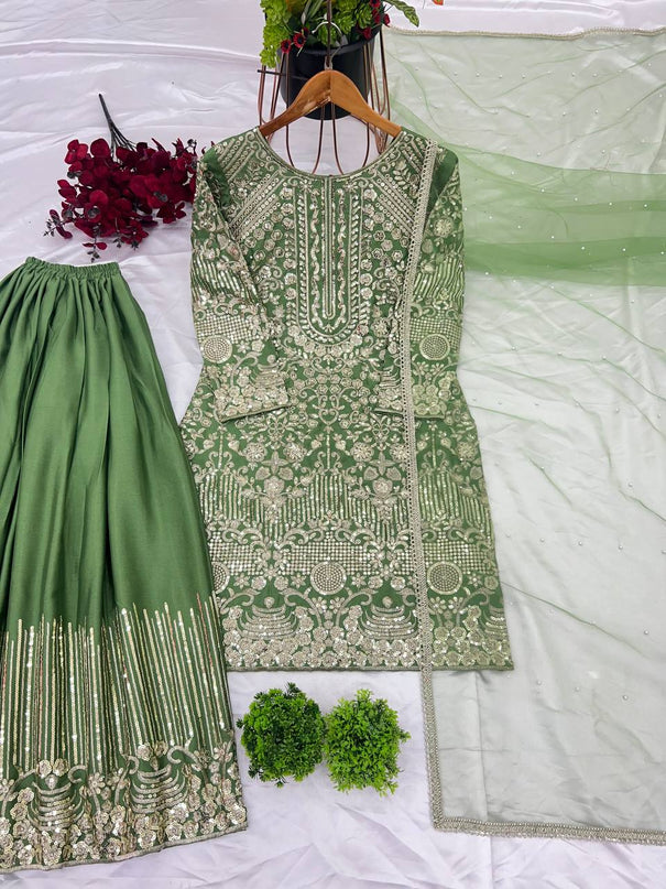 Heavy Pure Chinnon Silk With Embroidery Sequence Work Top Plazzo