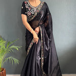 Soft Burberry Silk Sequence Embroidery Work Trendy Saree.