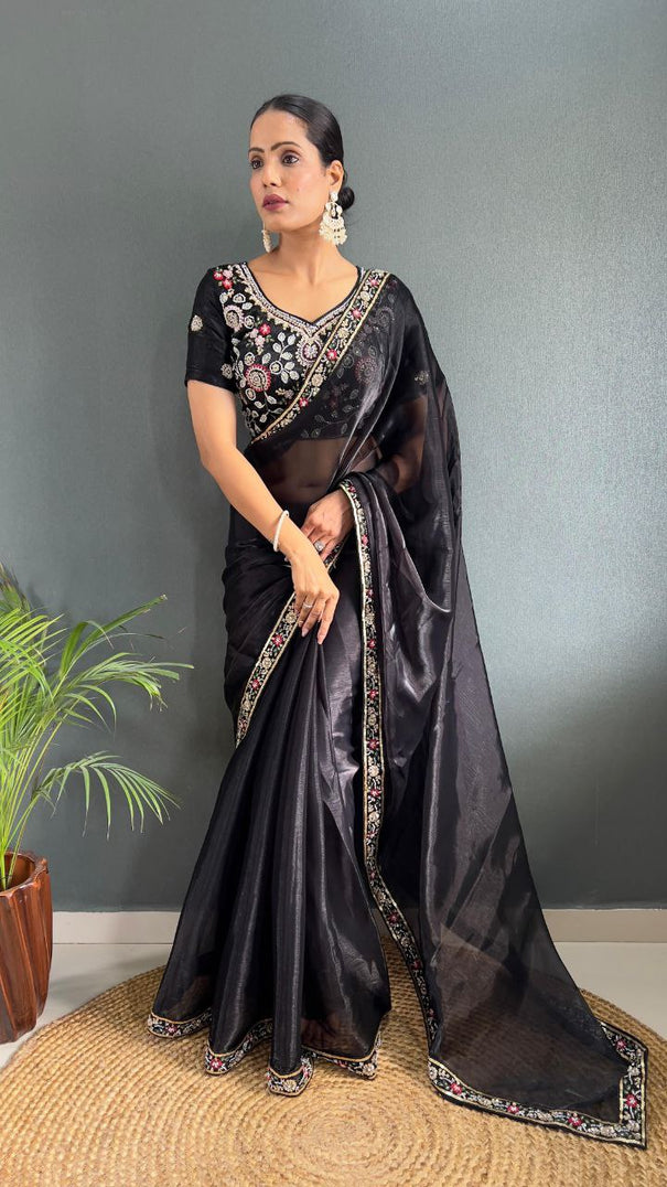 Soft Burberry Silk Sequence Embroidery Work Trendy Saree.