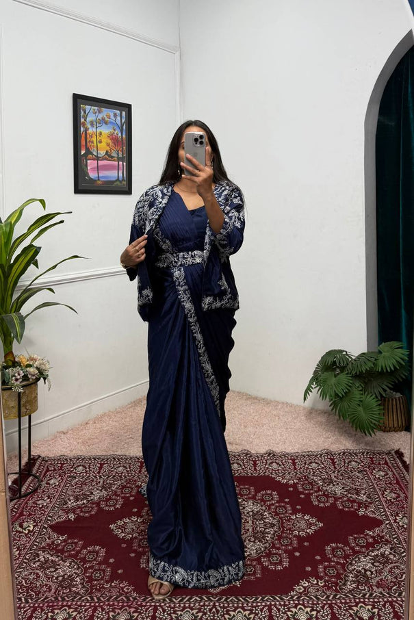 Ready To Wear With Chinon Silk Fabric On Embrodery Sequance Saree And Koti