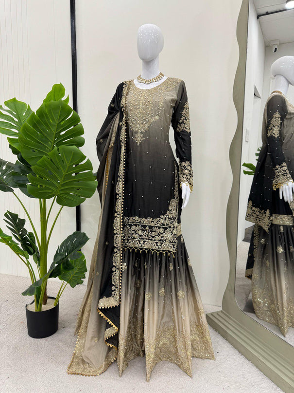 Designer Suit on Havy Chinon febric with Inner and Coding & Sequnce work with Pearl work and Sharara