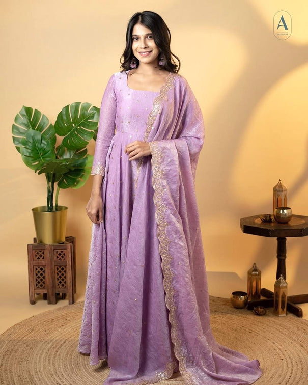 Pur Soft Gold Crush Silk With Embroidery With  Sequience Work And 4 Mtr Flair Gown