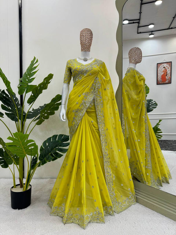 Yellow Color Thred And Sequence Work Saree