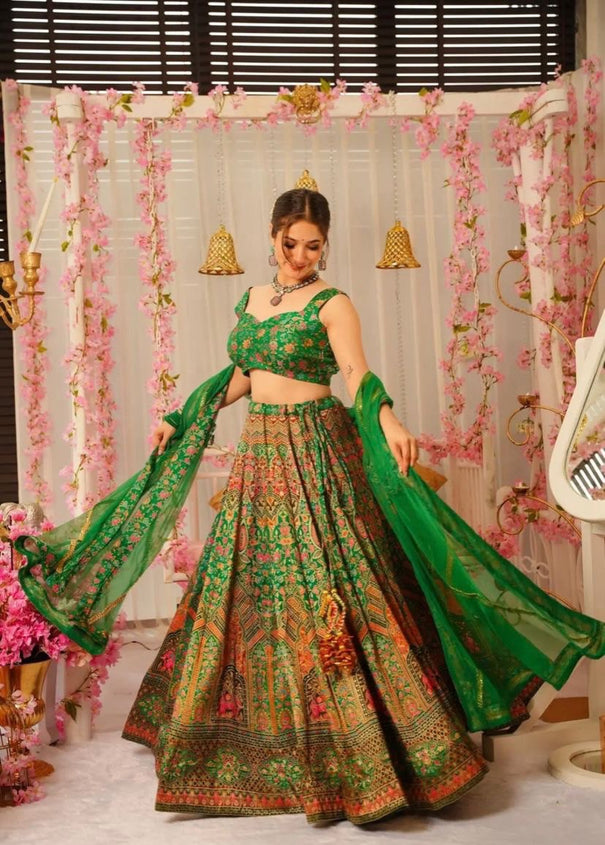 Mehendi Ceremony Special Organza Silk Digital Printed Full Stitch Lehenga