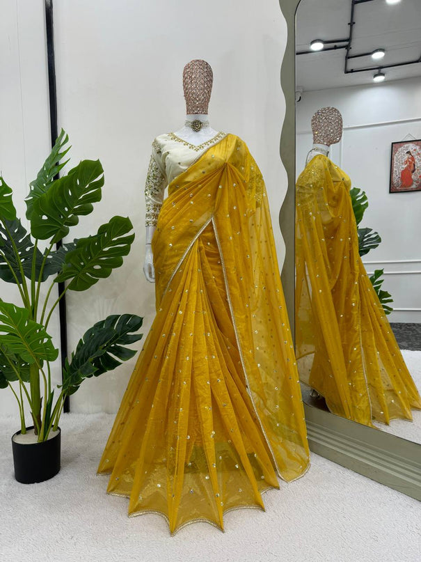 Twill Net Sequence With Fancy Lace Work Saree With Benglori Blouse