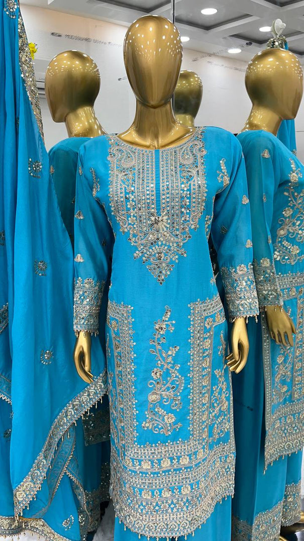 Pure Chinnon Silk Heavy Embroidery Coding Dori-Sequence Work With Full Sleeve