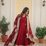 Maroon Colour Faux Blooming Embroidery Zari Sequence Work And  3 Meter Flair Gown Wirh Heavy Sequence Embroidery Work Dupatta