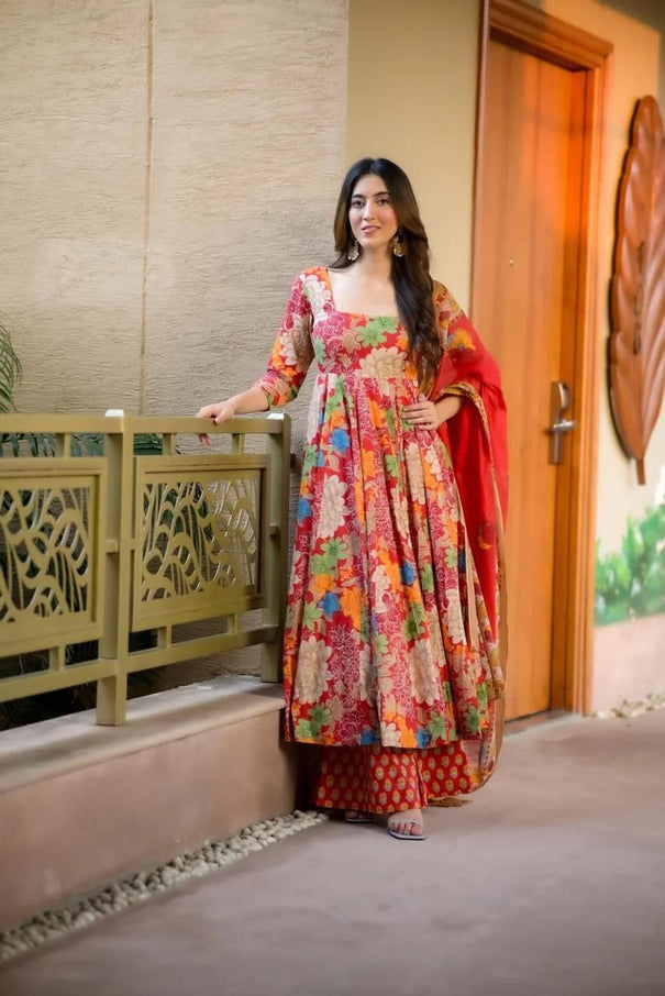 Multi Floral Printed Cotton Anarkali With Dupatta And Pent