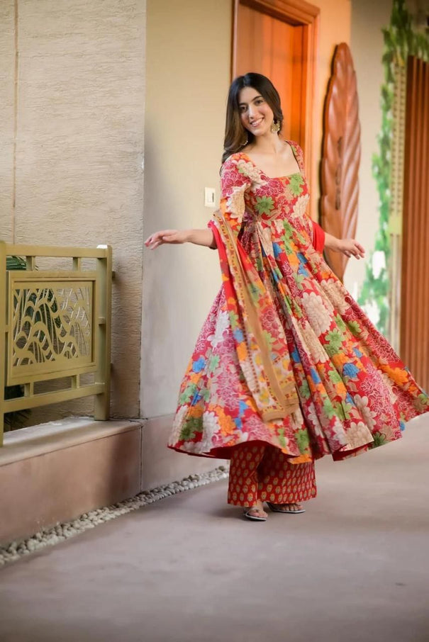 Multi Floral Printed Cotton Anarkali With Dupatta And Pent