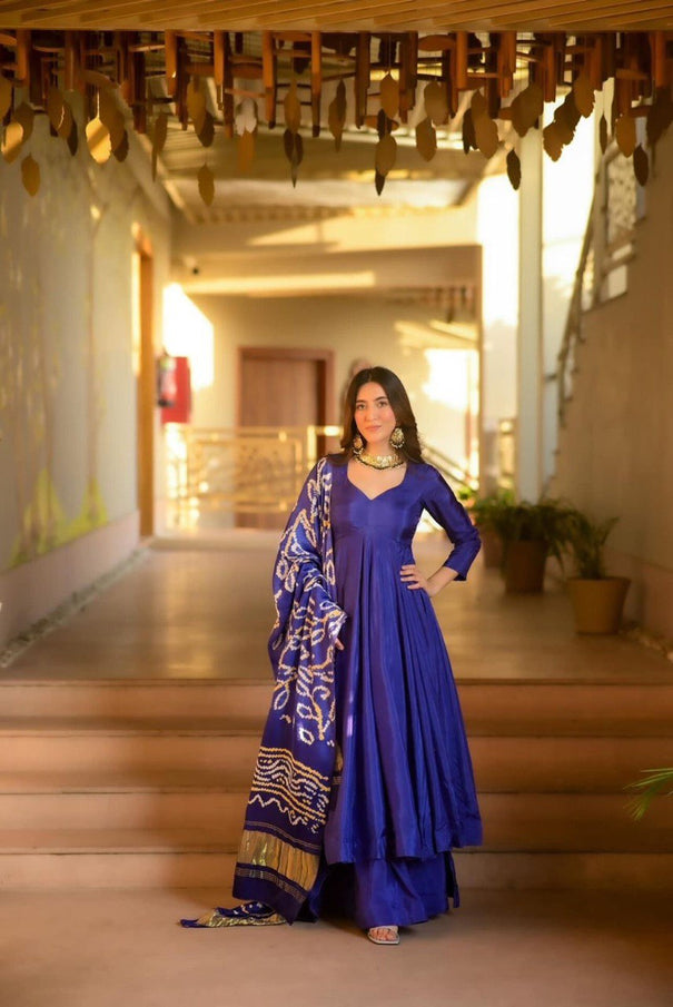 Chinnon Silk Anarkali Gown With Plazzo And Dupatta