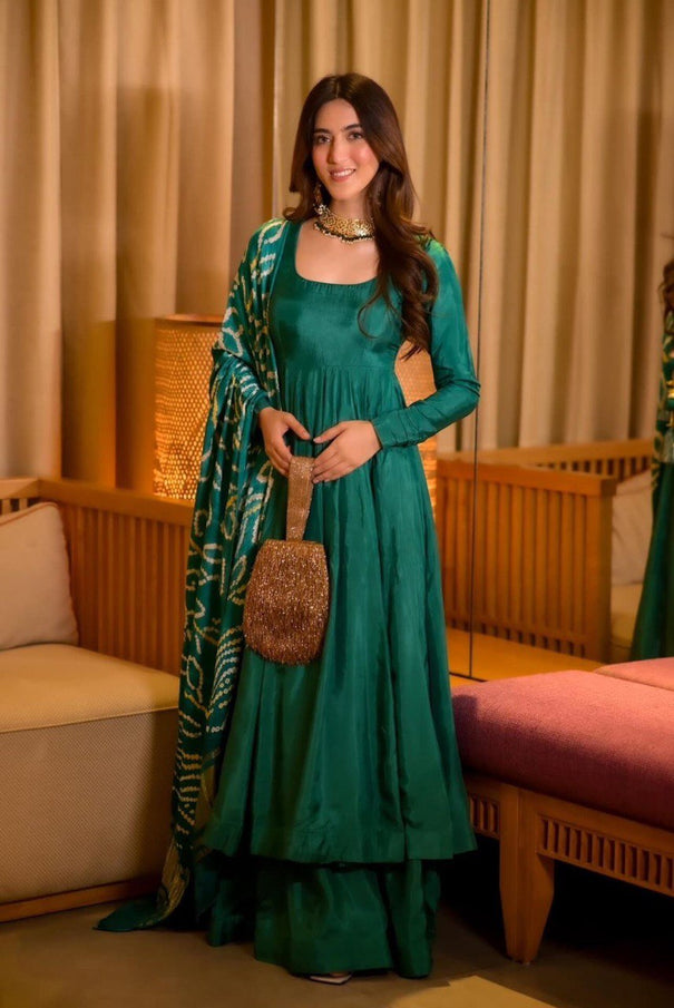 Chinnon Silk Anarkali Gown With Plazzo And Dupatta