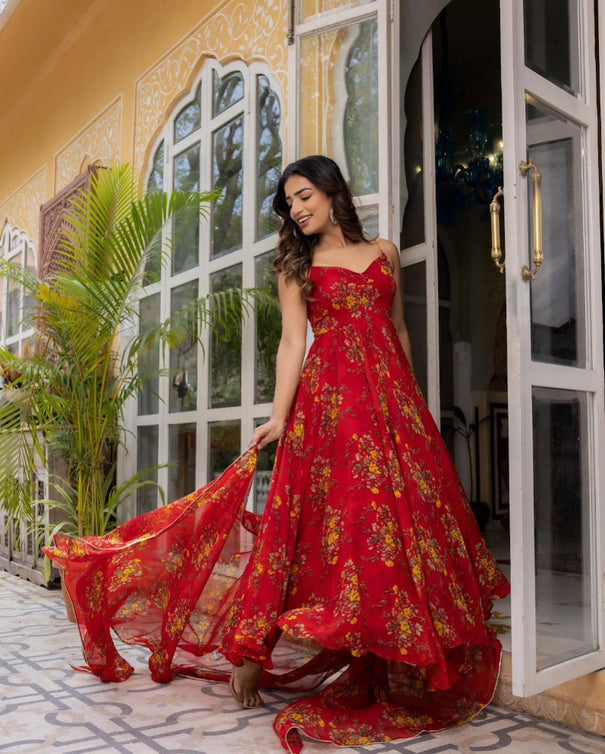 Red Georgette Digital Printed Full Stitch Anarkali Suit