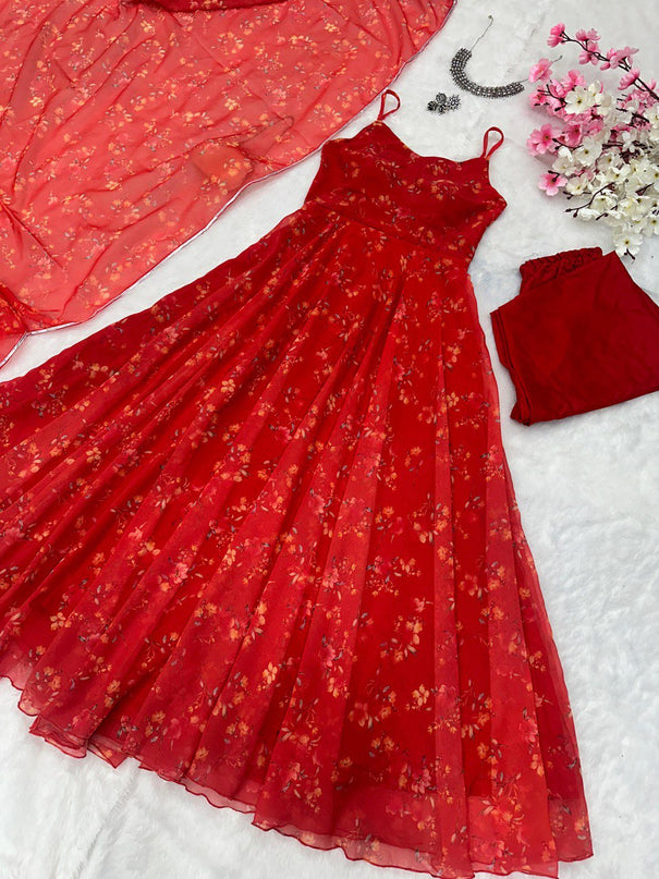 Red Georgette Digital Printed Full Stitch Anarkali Suit