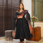 Black Digital Printed And Elastic Baloon Sleeve Anarakli Gown With Printed Dupatta