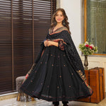 Black Digital Printed And Elastic Baloon Sleeve Anarakli Gown With Printed Dupatta