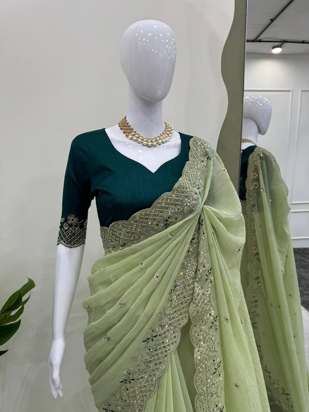 DESIGNER CRUNCHY SILK SAREE WITH SEQUENCE AND THREAD WORK