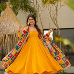 Haldi Special Yellow Gown In Silk Fabric With Fully plazzo With Multi Digital Print Lace Work Dupatta