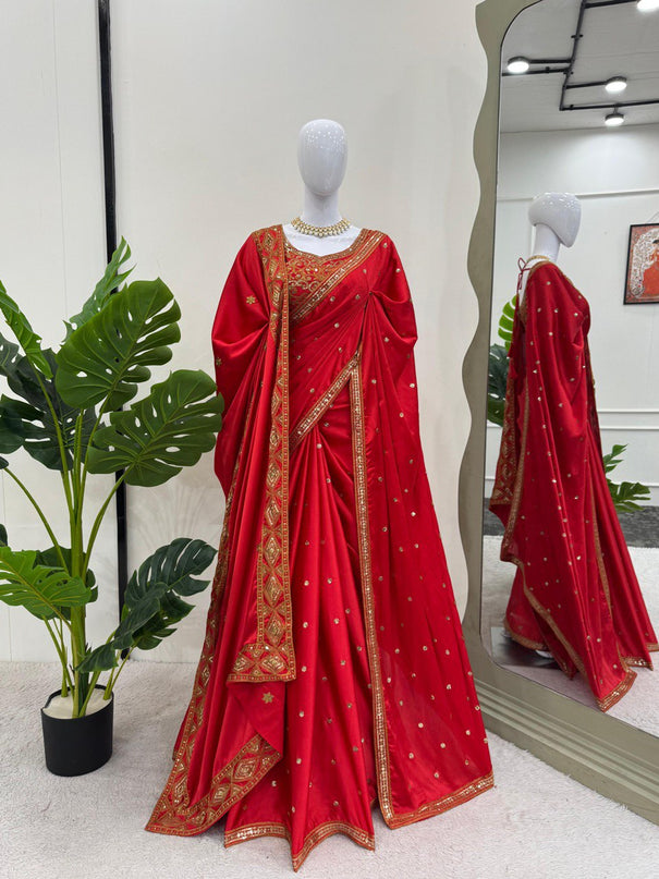 Red Colour Silk Sequence Work Dupatta Saree With Blouse