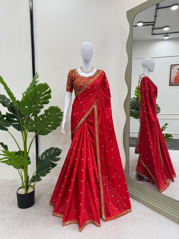 Red Colour Silk Sequence Work Dupatta Saree With Blouse